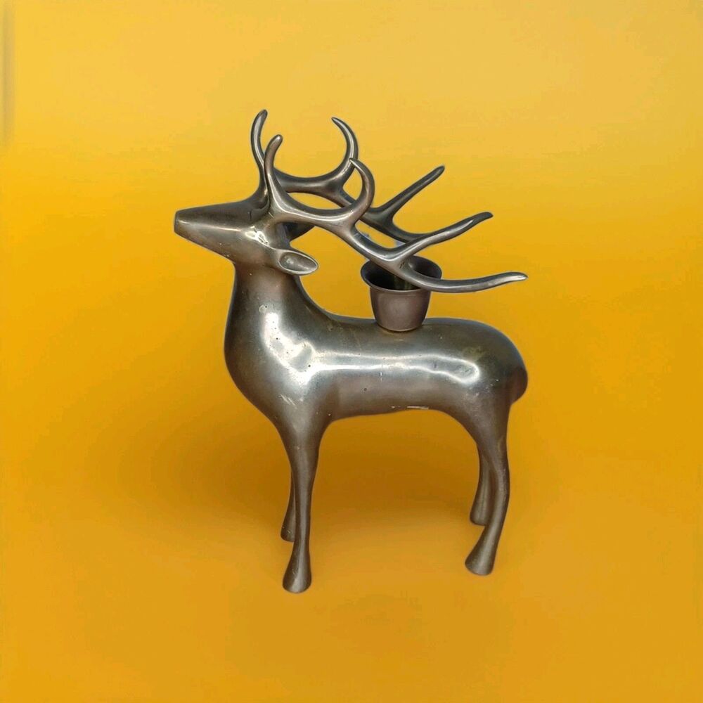 Metal Reindeer Candle Holder Sculpture Dark Brown 7.75" Tall Heavy Deer Decor